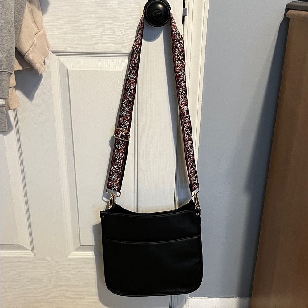 Black Crossbody Bag with Patterned Strap